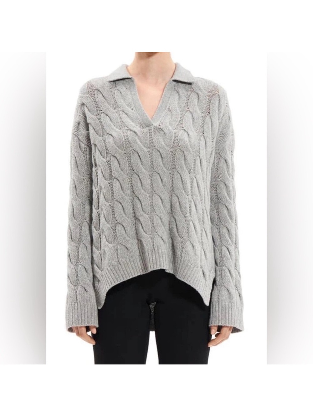 Theory Light Gray Cable Knit V-Neck Sweater with Polo Collar medium